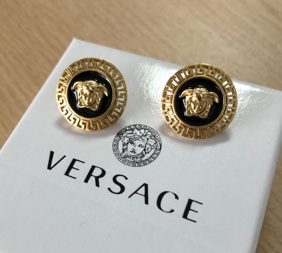 Vintage Versace Madusa Earrings Gold and Black St… - image 1