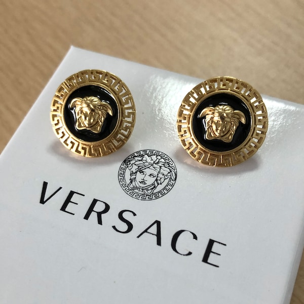 Vintage Versace Madusa Earrings Gold and Black Stud Earrings