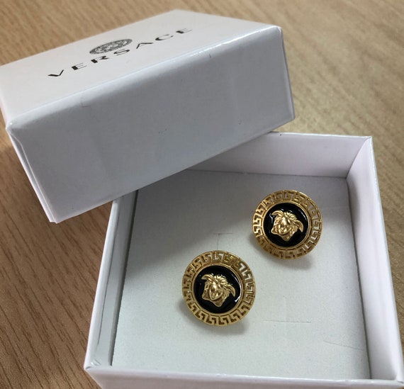 Vintage Versace Madusa Earrings Gold and Black St… - image 2