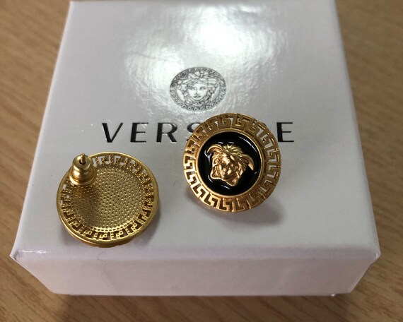 Vintage Versace Madusa Earrings Gold and Black St… - image 3