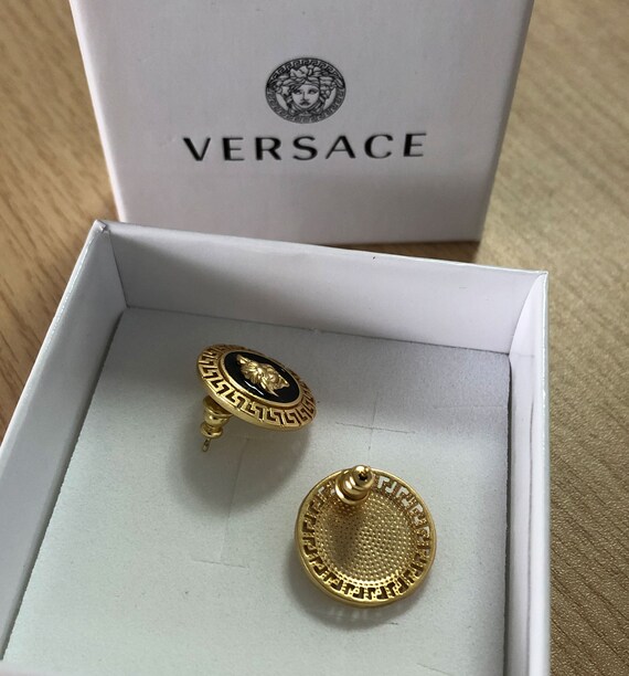 Vintage Versace Madusa Earrings Gold and Black St… - image 4