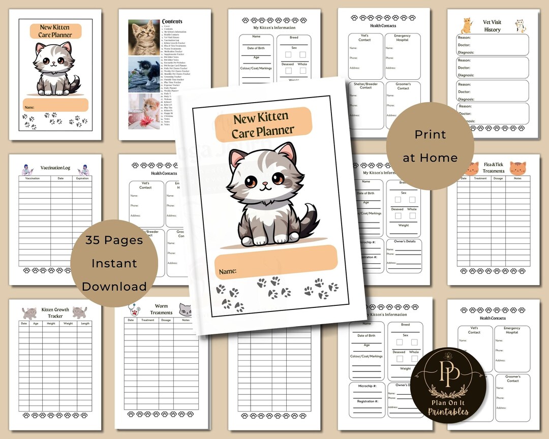 New Kitten Planner, Printable Pet Organizer, Kitten Checklist, Cat Care Chart, Pet Vaccine ...