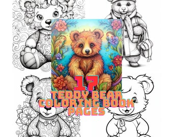 May include: A coloring book featuring 17 pages of teddy bear illustrations. The cover shows a teddy bear with a floral background. The book is perfect for kids and adults who love to color.