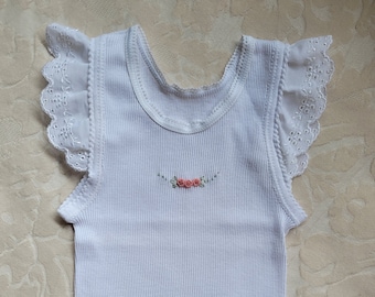 Baby Girl White Singlet with Frill & Hand Embroidery 3-6 Months