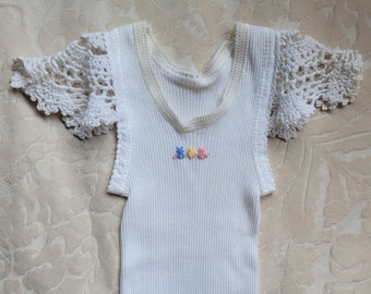 Baby Girl White Singlet Top with Hand Embroidered Bunnies Size 000