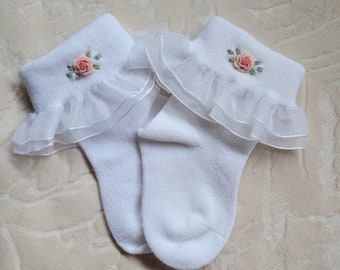 Baby Girl Hand Embroidered Socks with Frill White Size Up to 6 Months