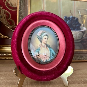 Antique Miniature Watercolor Portrait in Velvet Frame