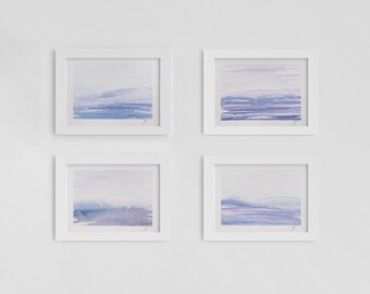Conjunto de paisagens abstratas em aquarela, horizonte violeta suave, arte para parede de galeria.