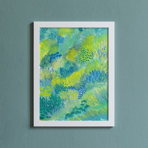 Illustrazione originale di paesaggi colorati, pittura a tecnica mista, decorazione murale con natura vibrante, opera d'arte unica fatta a mano per casa e ufficio.