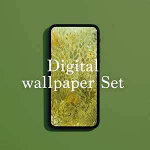 Könnte beinhalten: Ein digitales Tapetenset mit einem Telefonbildschirm, der ein grünes und gelbes Blumenmuster zeigt. Der Text "Digital wallpaper Set" ist auf dem Bild zu sehen.