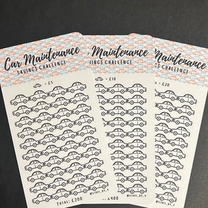 May include: Three white cards with a car-themed design for a car maintenance savings challenge. Each card has a different amount to save, with the text "Car Maintenance Savings Challenge" at the top. The cards feature rows of car illustrations.