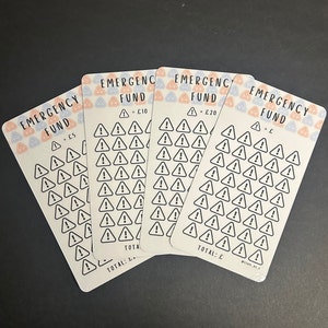 May include: Four white cards with the words "EMERGENCY FUND" printed in orange and blue. Each card has a different value, with a series of black exclamation point symbols. The cards are arranged on a dark surface.