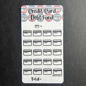May include: A white sticker with the text "Credit Card Debt Fund" and a design of credit cards. The sticker has a grid of credit card icons, with the words "Total =" at the bottom. The sticker is rectangular.