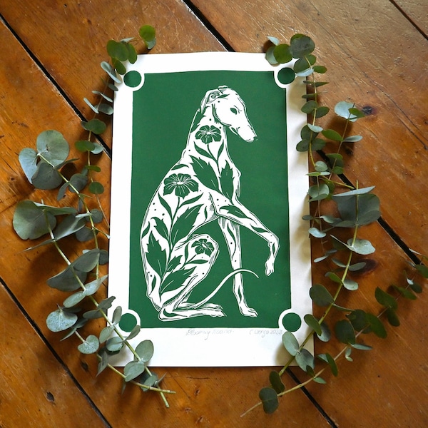 Blooming Hound Galgo Greyhound Greyhound Flowers Gold Animal Protection Gothic Linocut Linoprint Print A4 Art Art Print Green Gift