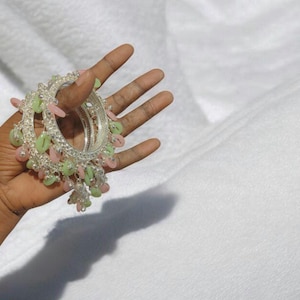 Handcrafted Silver Kada Bangles: Pink & Green Beaded Indian Bridal Jewelry