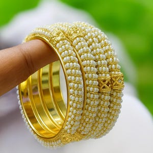 Kundan-Inspired Gold Pearl Bangles: Indian Bridal Jewelry