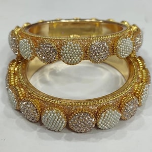 Gold Crystal Bridal Bangles – Indian Wedding Jewelry, Polki Style Kadas, Sparkling Statement Bangle Set"