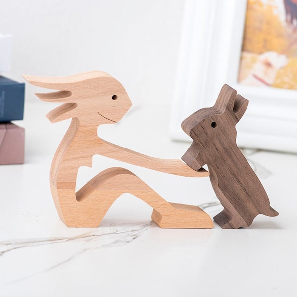 Schöne Mädchen und Kaninchen Figur | Personalisierte Kaninchen-Liebhaber Geschenk | Holzskulptur Frau und Kaninchen | Kaninchen-Gedenkgeschenk