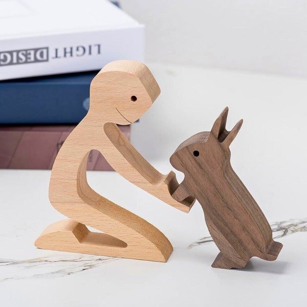 Angepasste Junge und Kaninchen Figur | Personalisierte Kaninchen-Liebhaber Geschenk | Mann mit Kaninchen Skulptur | Hölzernes Kaninchen-Gedenkgeschenk