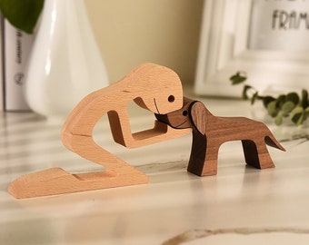 Figurine personnalisée homme et chien, cadeau unique pour propriétaire de chien, sculpture personnalisée garçon et chien en bois naturel, cadeau parfait pour les amoureux des chiens