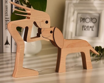 Femme et chien ; Sculpture en bois sculpté personnalisée, cadeau chien et propriétaire, cadeau écologique pour amoureux des chiens pour la décoration intérieure, cadeau chien et maman, cadeau perte de chien