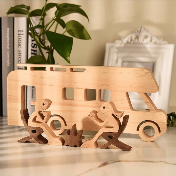 Couple and Motorhome Camper Wooden Sculpture, Hand Carved Camping Car for Decor, Unique Motorhome Gifts, Camping Gifts