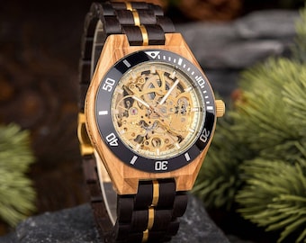Montre-montre personnalisée en bois pour homme à remontage automatique à la main avec design steampunk et squelette, cadeau 1er anniversaire pour lui, cadeau mari