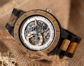 Gravierte Holzuhr für Herren | Automatikuhr | Steampunk Uhr | Sketelon Armbanduhr | Personalisierte Holzuhr für Herren | Mechanische Uhr