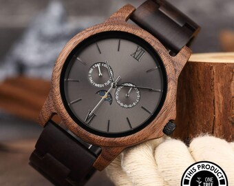 Elegante reloj de pulsera con cronógrafo de madera grabado, cuarzo, día y fecha, fase solar y lunar para hombres, regalo de aniversario personalizado para él, reloj de padrinos