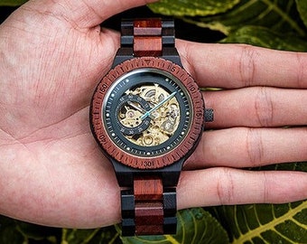 Reloj de madera grabado para hombre, reloj de pulsera Steampunk para hombre, reloj mecánico personalizado para hombre, reloj automático, reloj de madera para él