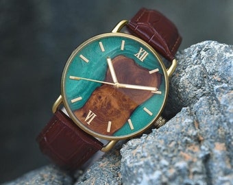 Reloj de madera de resina grabada con correa de cuero, reloj de vestir clásico personalizado para hombres, regalo perfecto para novio, regalo de aniversario para él
