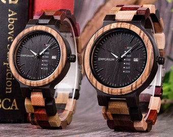 Montres en bois personnalisées pour couple, montres en bois pour elle et lui gravées, coffret cadeau Paif of Watches assorti, cadeaux respectueux de l'environnement pour couple