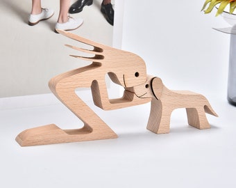 Femme et chien ; Sculpture en bois sculpté gravée, nouveau cadeau pour propriétaire de chien, cadeau écologique pour amoureux des chiens, cadeau chien et maman, cadeau perte de chien