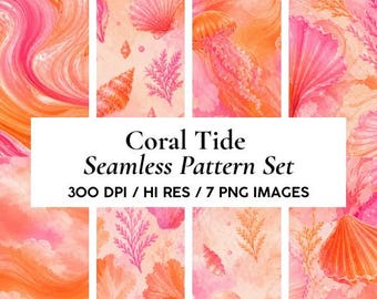 Coral Tide Collection - 7 Seamless Watercolour Patterns | Digital Download | Fabric Printing | Surface Design