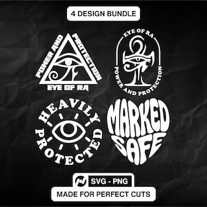 May include: A bundle of four white design graphics on a black background. The designs include an eye within a triangle, an ankh symbol, an eye within a circle, and a heart shape with the words "MARKED SAFE". Text includes "4 DESIGN BUNDLE".