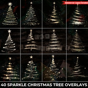 40 superposiciones digitales brillantes de árboles de Navidad, efectos de luces para árboles navideños, superposiciones de bokeh para tarjetas en Photoshop, efecto bokeh navideño para fondo.