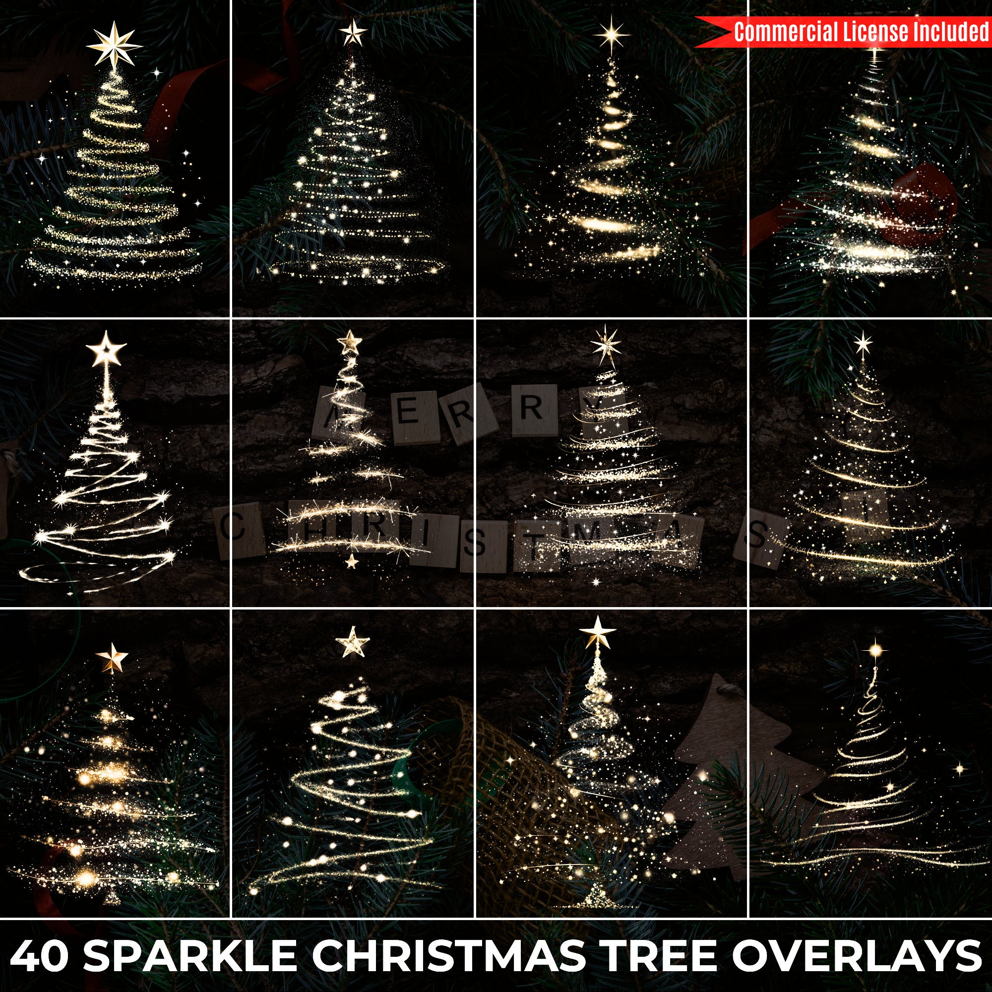 40 Sparkle Christmas Tree Overlays, Merry Christmas Tree Lights
