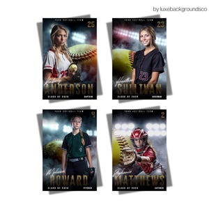 Pu&ograve; includere: Quattro poster della squadra di softball con giovani donne in uniforme, ciascuna con una palla da softball e l'illuminazione dello stadio. I poster includono nomi, numeri e posizioni: Kimberly Anderson, Heather Sullivan, Melissa Howard e Stephanie Matthews.