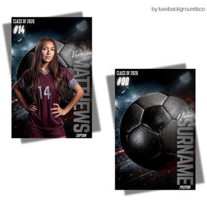 May include: Two sports-themed posters. One features a young woman in a maroon soccer uniform with the name "Vanessa Matthews" and the number 14. The other poster shows a soccer ball with space for a name and position. Both posters have the text "Class of 2026".