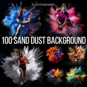 Könnte beinhalten: Eine Sammlung von 100 Sandstaub-Hintergrundbildern. Die Bilder zeigen verschiedene Farben und Formen von Sandstaub-Explosionen. Die Bilder sind perfekt, um Ihren Fotos und Videos eine dramatische und einzigartige Note zu verleihen.