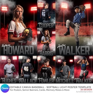 Puede incluir: Un collage de retratos de jugadores de béisbol y softbol. Cada imagen presenta a un jugador con uniforme, con nombres y años de graduación. El fondo tiene un efecto ahumado con luces de estadio. El texto "EDITABLE CANVA BASEBALL - SOFTBALL LIGHT POSTER TEMPLATE" está en la parte inferior.