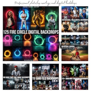 May include: A collection of digital backdrops for sports photography. The backdrops feature a variety of themes, including fire circles, dark fences, smoke, sand fields, and sand dust explosions. The backdrops are designed for use with softball and baseball photography.