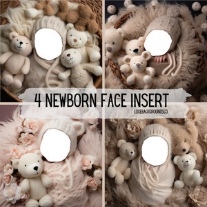 May include: Four digital image templates for newborn photography. Each template features a different background with a white circle for inserting a baby's face. The backgrounds include a basket of teddy bears, a fluffy white blanket with flowers, and a basket of teddy bears with a fluffy white blanket.