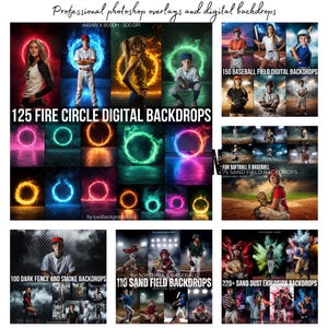 May include: A collection of digital backdrops for photographers. The backdrops feature a variety of themes, including fire circles, dark fences, smoke, baseball fields, and sand dust explosions. The backdrops are high-resolution and perfect for creating professional-looking photos.