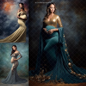 May include: Three pregnant women wearing different maternity gowns. The first woman is wearing a light gold gown with a long train. The second woman is wearing a teal gown with a gold sequined overlay and a long train. The third woman is wearing a gray gown with a sheer overlay and a long train.