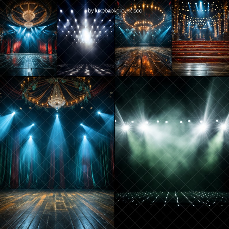 May include: A stage with blue and green lighting, a wooden floor, and a chandelier hanging from the ceiling. The stage is set up for a performance or event.
