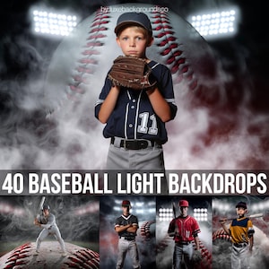 May include: A young baseball player in a navy blue uniform with the number 11, wearing a baseball cap and glove, stands in front of a large baseball. The image includes the text "40 BASEBALL LIGHT BACKDROPS" and additional baseball player images.