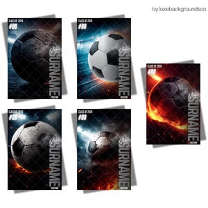 May include: Digital art prints with a soccer theme, each displaying a soccer ball and the text "CLASS OF 2026 #00". The prints include "Name", "Surname", and "Position". The backgrounds vary, with dramatic lighting effects and a dark colour palette.