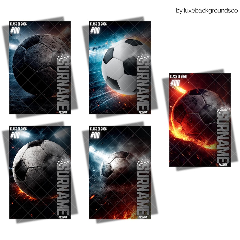 May include: Digital art prints with a soccer theme, each displaying a soccer ball and the text "CLASS OF 2026 #00". The prints include "Name", "Surname", and "Position". The backgrounds vary, with dramatic lighting effects and a dark colour palette.
