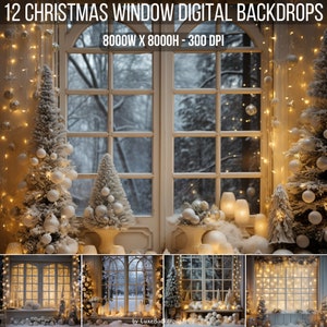 May include: A digital backdrop image featuring a Christmas window scene. The image showcases a window with a snowy outdoor view, decorated with small Christmas trees, ornaments, and string lights. Text at the top reads "12 CHRISTMAS WINDOW DIGITAL BACKDROPS".